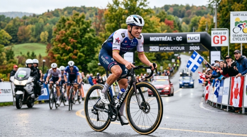 Remco Evenepoel riding aggressively during a UCI WorldTour one-day race in 2026 ahead of the Montreal Grand Prix