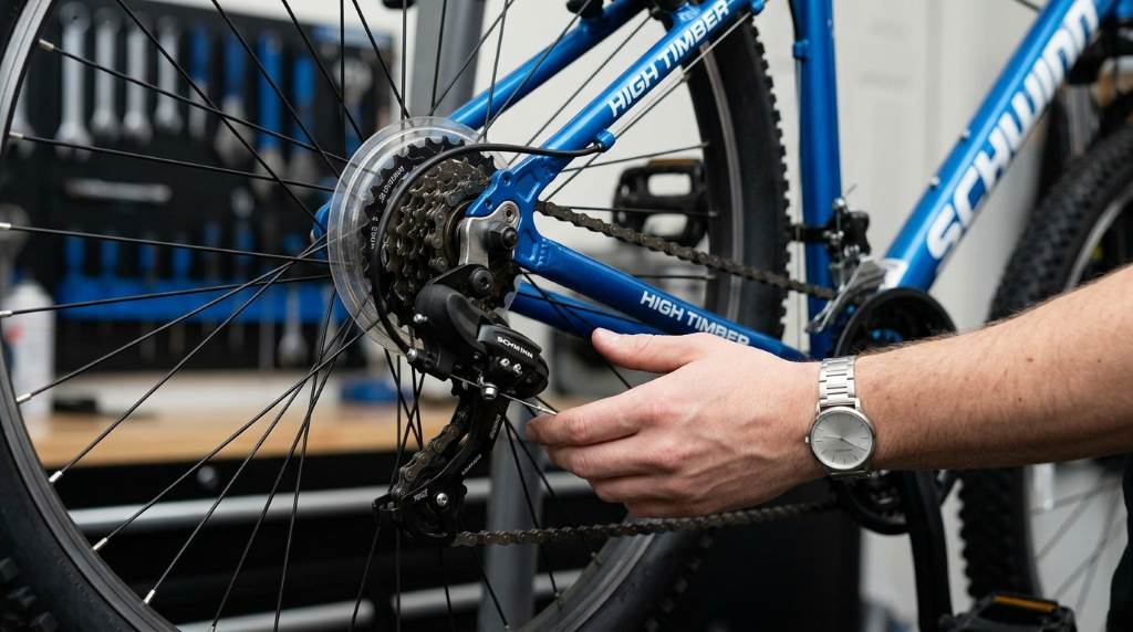 Hands adjusting the limit screws on a mountain bike derailleur