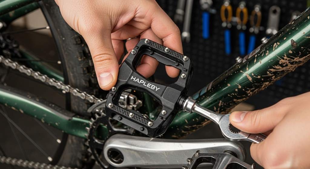 Hapleby Premium Bike Pedals installed on a mountain bike