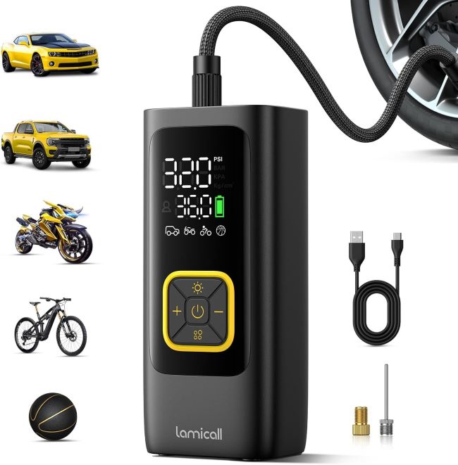 Lamicall rechargeable portable air compressor with fast inflation, digital display, and automatic shut-off for bikes and vehicles