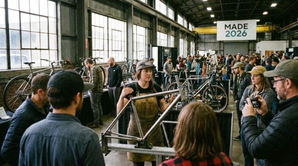 A framebuilder discussing the construction of a custom titanium bicycle with attendees at the MADE 2026 handmade bike show at Zidell Yards in Portland, Oregon