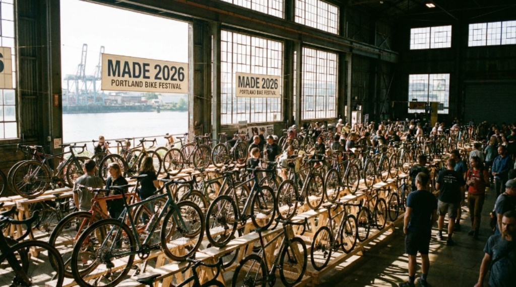 Rows of handbuilt custom bicycles on display at the MADE 2026 Portland Bike Festival inside the industrial Zidell Yards venue on the Willamette River waterfront in August 2026