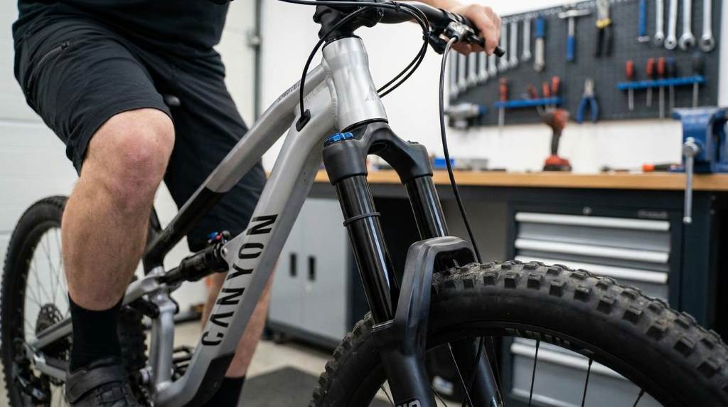 Mountain biker testing suspension settings on a rocky trail