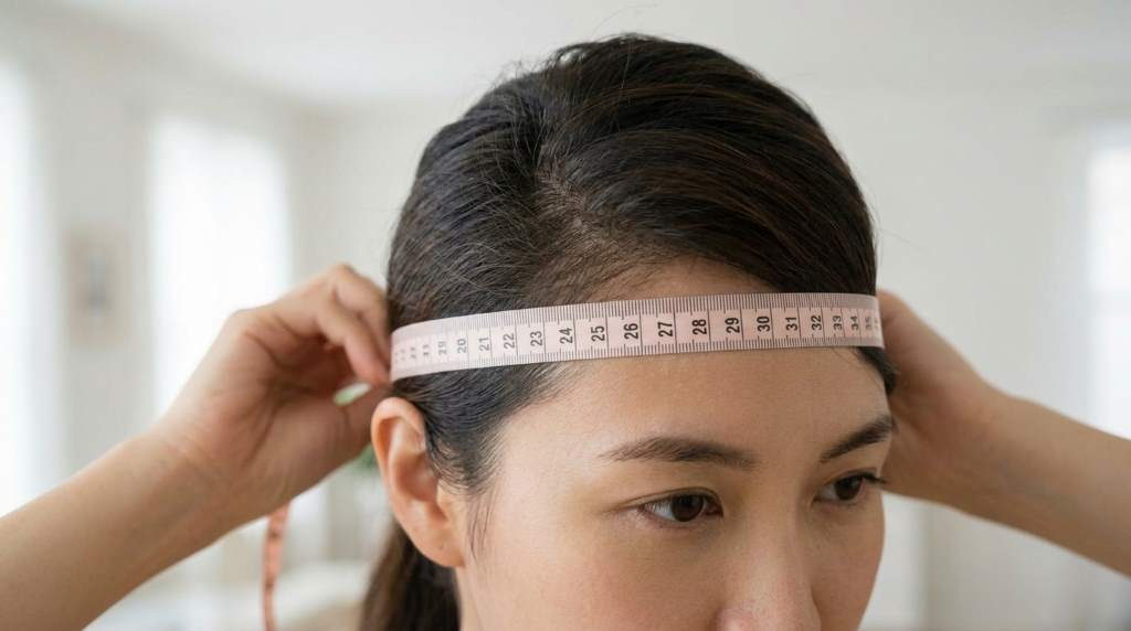 Person measuring head circumference with a soft tape for mountain bike helmet sizing