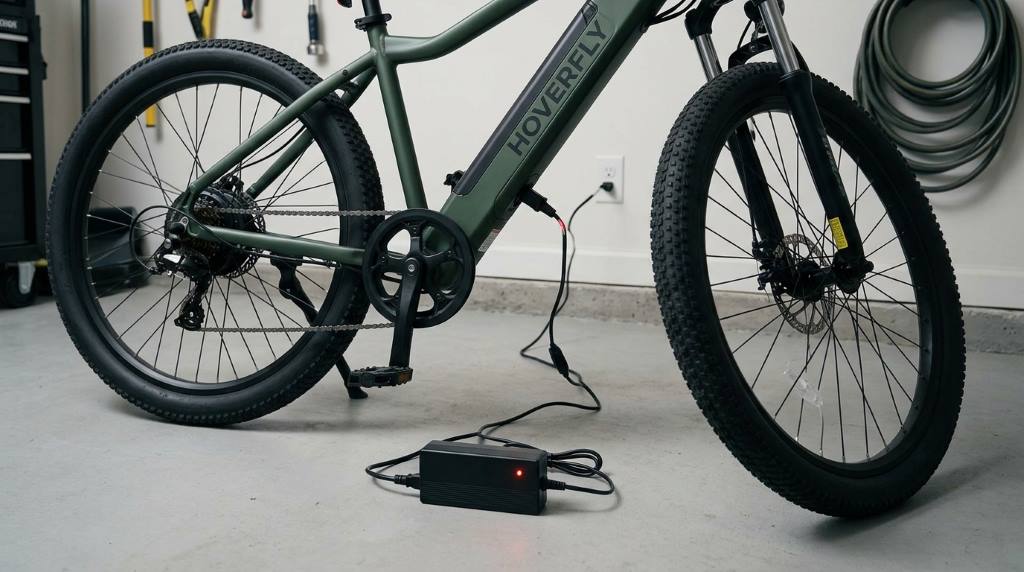 Person storing HOVERFLY OUREA 26″ Electric Bike in a cool dry garage