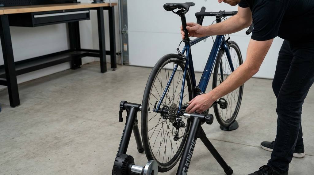 Person testing stability on a bike trainer stand before starting workout