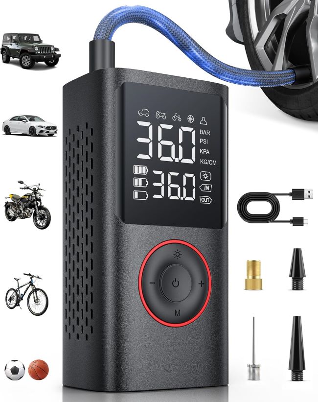 Powools cordless tire inflator with 150 PSI capacity, LED light, and pressure gauge for bicycles, motorcycles, cars, and sports balls