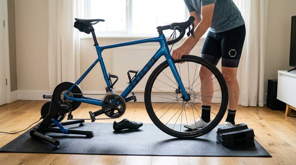 Proper placement of a bike front wheel riser block for indoor cycling