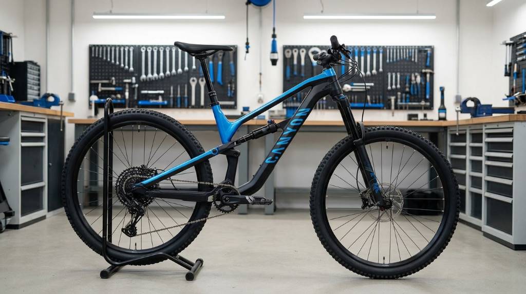 Rider adjusting tire pressure on a Canyon Spectral 125 AL 5 Mountain Bike