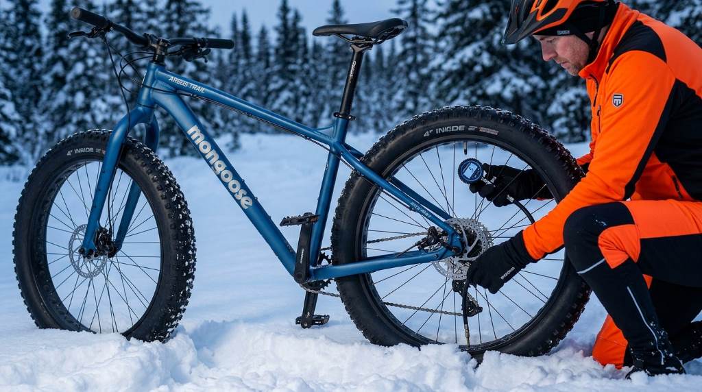 Rider on a Mongoose Argus Trail or ST Fat Tire Mountain Bike in snowy forest
