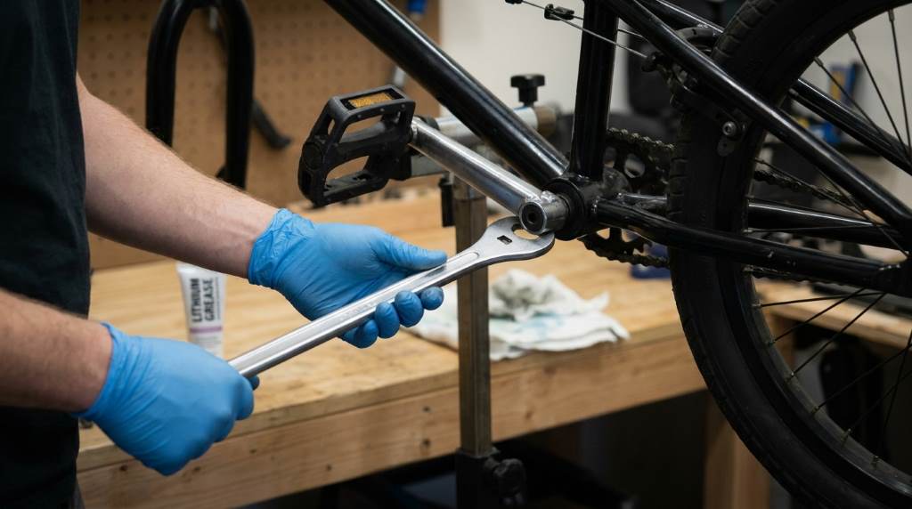 Rider removing old BMX bike pedals using a pedal wrench