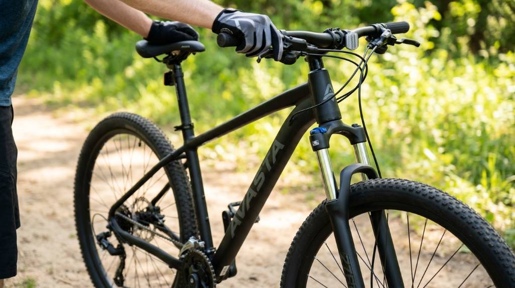 Rider testing suspension settings on a mountain bike trail