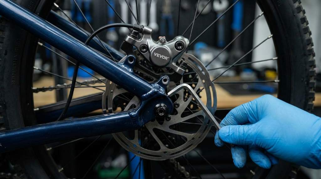 Tools needed for adjusting VEVOR Mountain Bike brakes laid out on a table