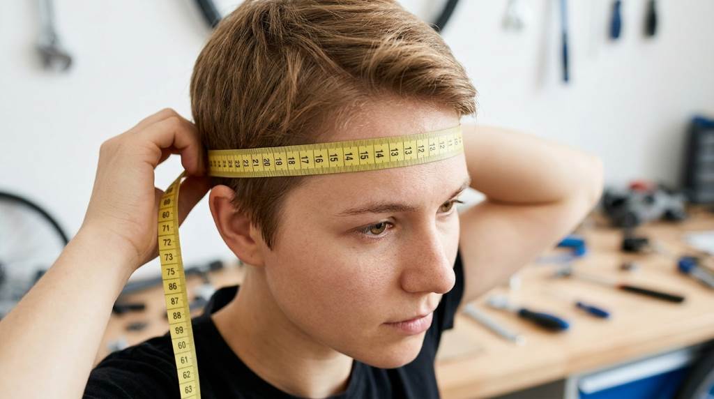 Top-down view of a helmet sizing chart with measurements in inches and centimeters