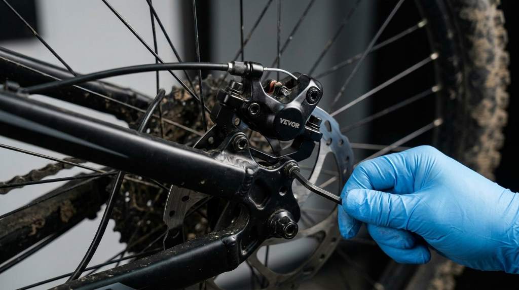 VEVOR Mountain Bike brake caliper and pads during adjustment