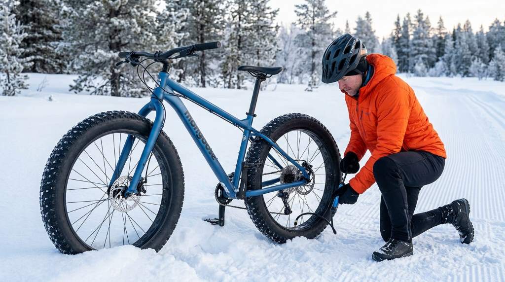 Winter biker in layered clothing riding a Mongoose fat tire bike