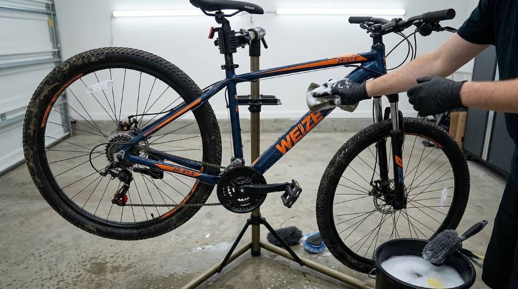 cleaning a WEIZE 26 27.5 inch mountain bike with a brush and soap