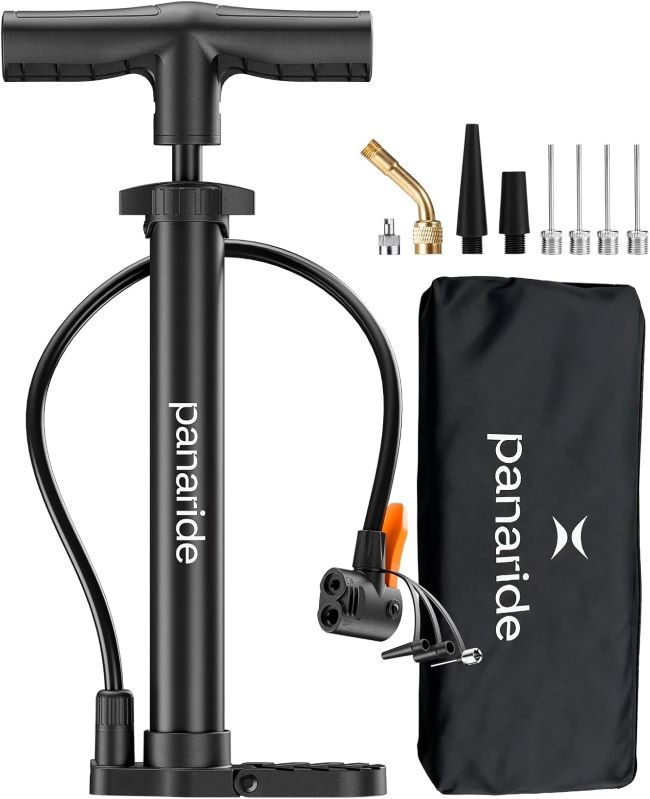 Panaride floor bike pump with dual Presta and Schrader valve compatibility, suitable for road bikes, mountain bikes, strollers, and balls