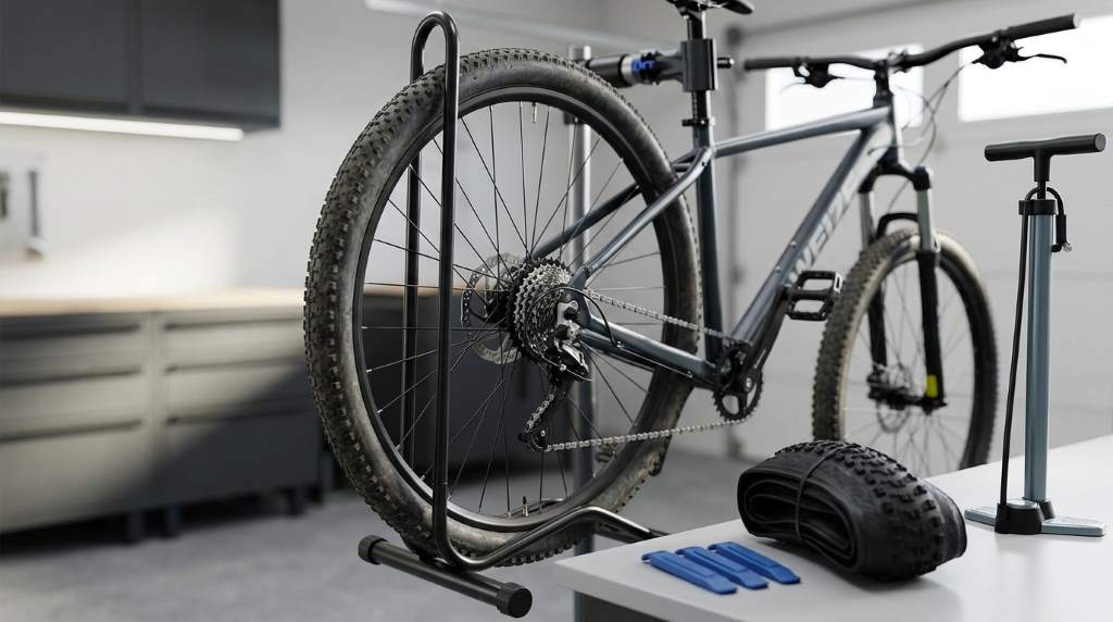 process of removing an old tire from a mountain bike wheel