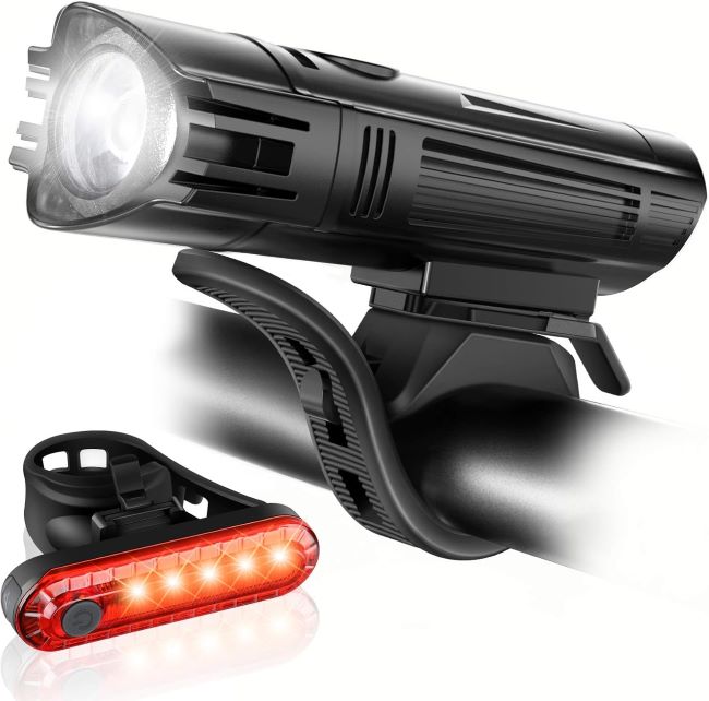Ascher Ultra Bright USB rechargeable bike light set mounted on a bicycle in Texas
