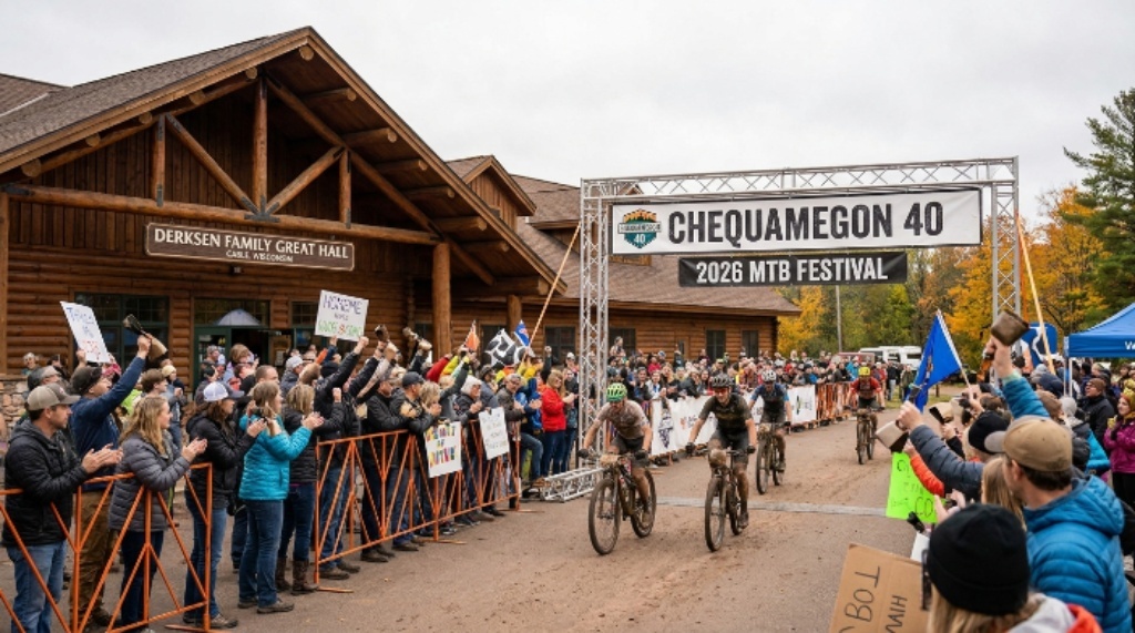 Spectators cheering at the finish line of the Chequamegon 40 at the Derksen Family Great Hall in Cable, Wisconsin during the 2026 MTB Festival
