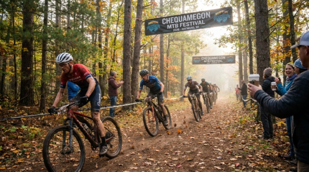 Mountain bikers racing through the forested trails of northwestern Wisconsin at the Chequamegon MTB Festival 2026 on a crisp September morning