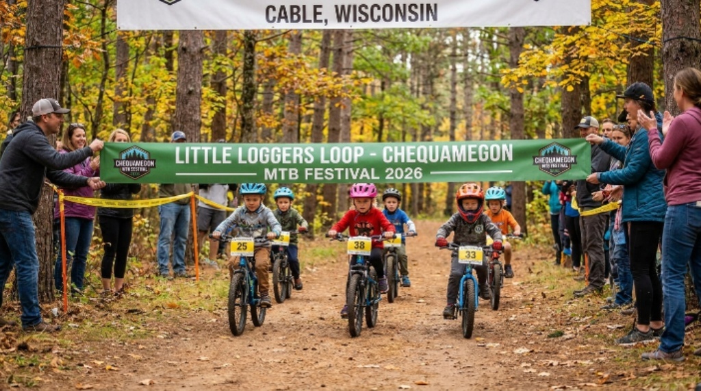 Young riders completing a Little Loggers loop at the Chequamegon MTB Festival 2026 family race in Cable, Wisconsin