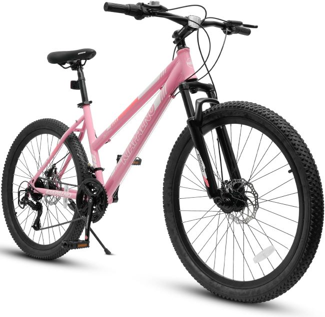 Pink Ecarpat women's mountain bike with 21 speeds, suspension fork, and disc brakes for trails and commuting