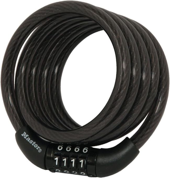 Master Lock bike lock cable with combination securing a bicycle to a bike rack in Washington