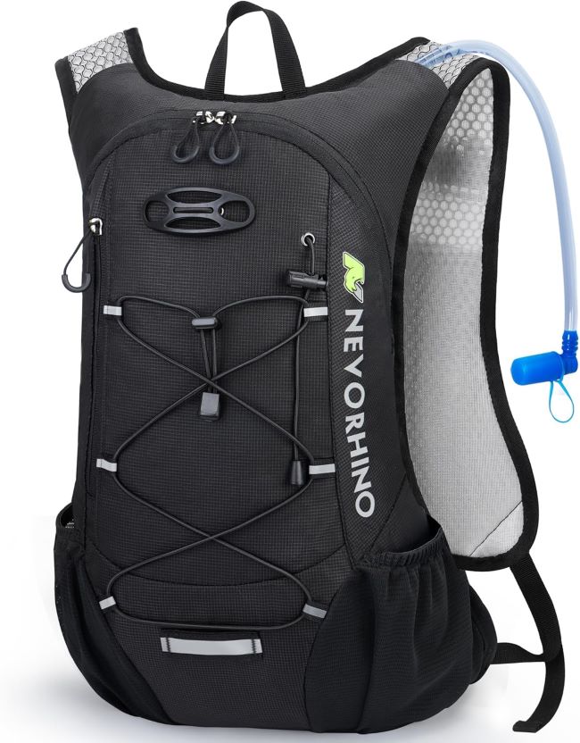 N NEVO RHINO hydration backpack with 2L water bladder on a hiking trail in California