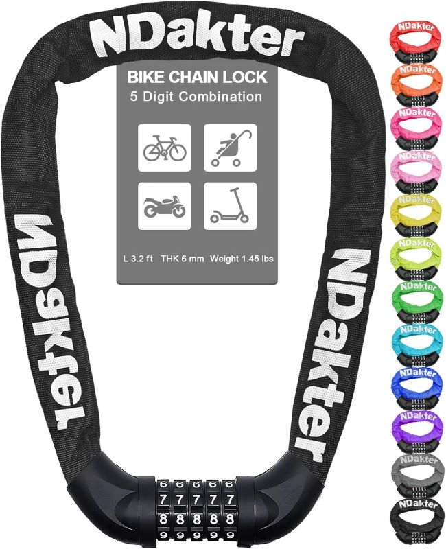 NDakter 5-digit combination bike chain lock secured to a bicycle in California