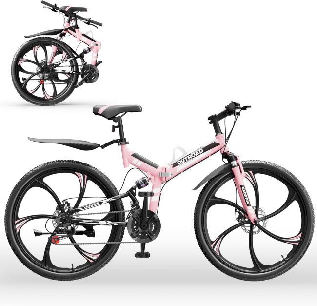Pink Outroad folding mountain bike with 21 speeds, full suspension, dual disc brakes, and foldable steel frame