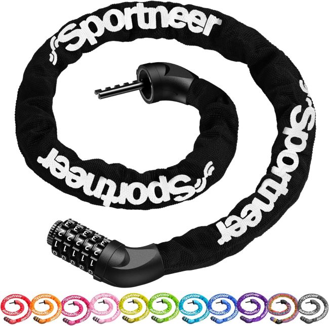 Sportneer bicycle chain lock wrapped around a bike frame and rack in New York