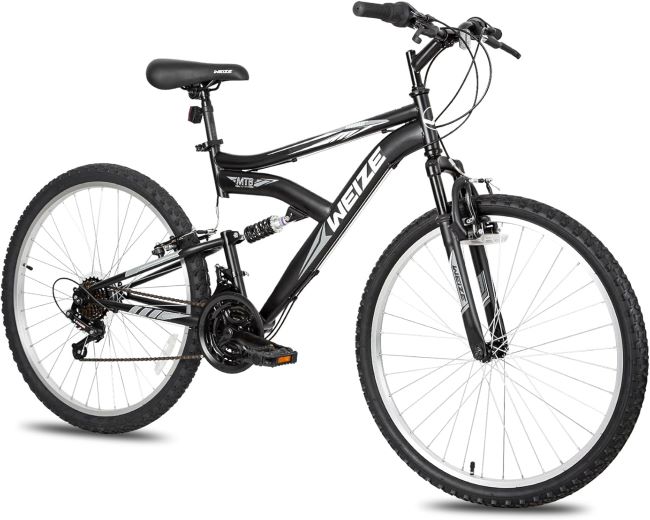 White and black WEIZE mountain bike with full suspension, 18-speed drivetrain, and suspension fork for adults