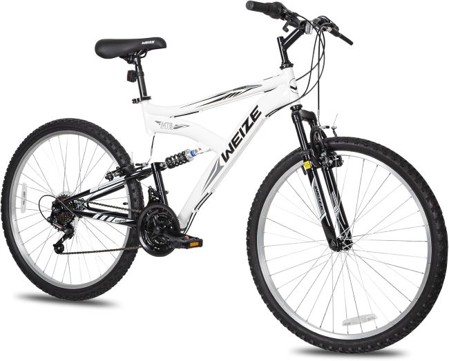 White WEIZE mountain bike with dual full suspension, high-carbon steel frame, and adjustable seat for trail riding