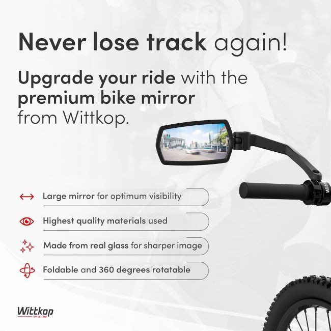 WITTKOP HD bike mirror designed for clearer rear visibility during cycling and commuting