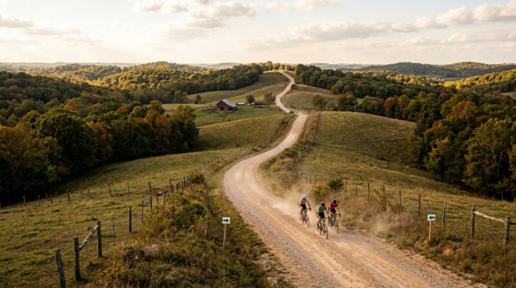 Rolling gravel hills and countryside along the Bentonville race course
