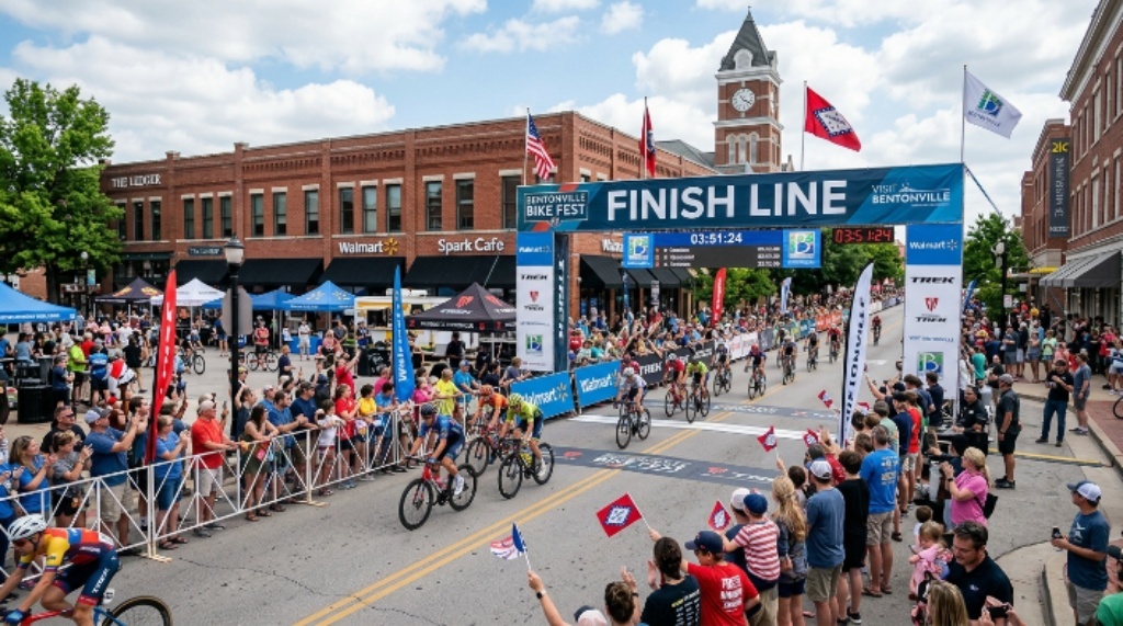 Downtown Bentonville race village with crowds and finish line banners