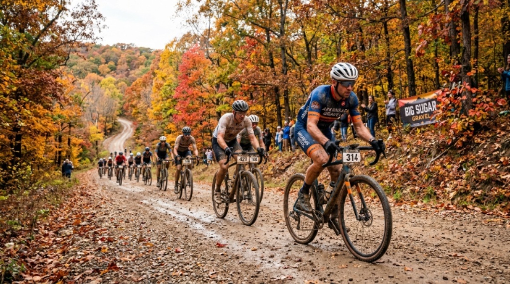 Cyclists riding gravel roads near Bentonville, Arkansas during a fall race
