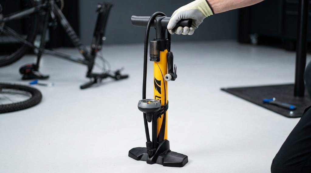 Cyclist checking tire pressure with BV floor pump