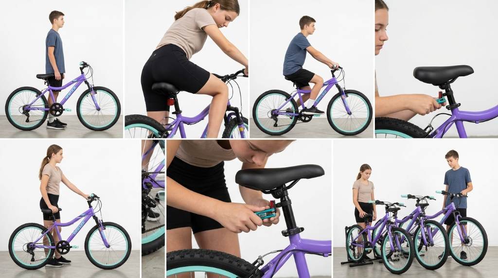Mountain bike size chart showing teen frame and wheel sizes