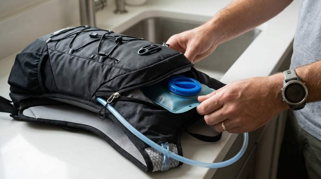 Nevo Rhino hydration backpack being washed in a sink