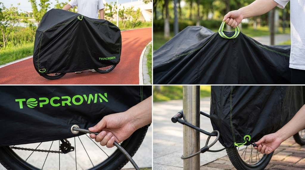 Topcrown bike cover secured against strong outdoor wind