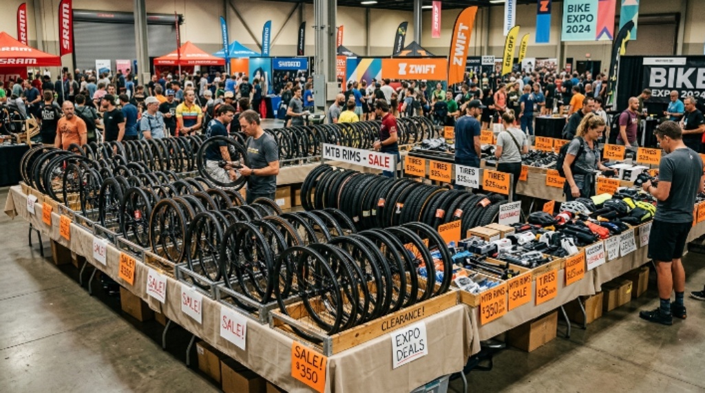 Rows of discounted bike wheels and gear on display tables at an expo