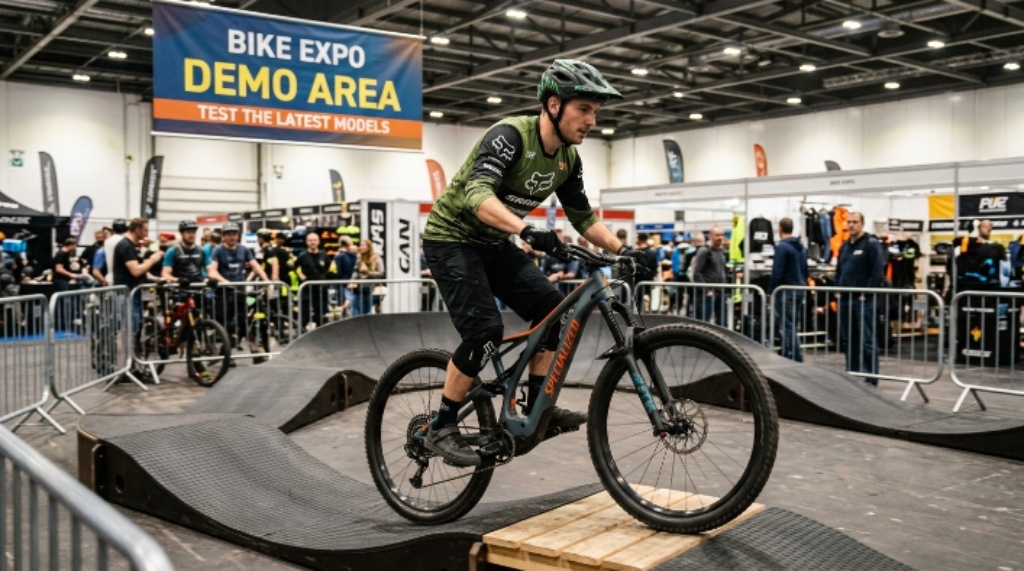 Cyclist testing a mountain bike at an indoor expo demo area