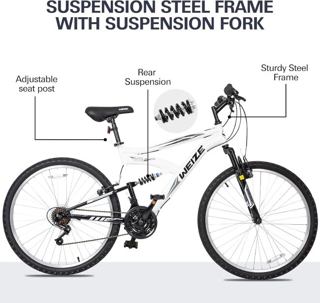 WEIZE adult MTB with suspension fork, rear suspension, and ergonomic adjustable seat