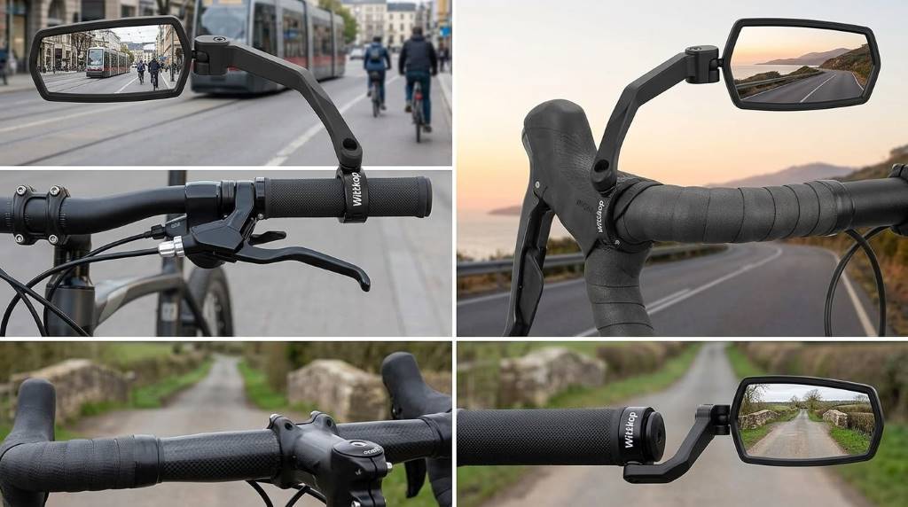 Wittkop bike mirror below handlebar mounting setup