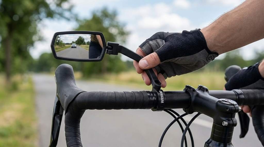 Wittkop bike mirror mounted near handlebar grip