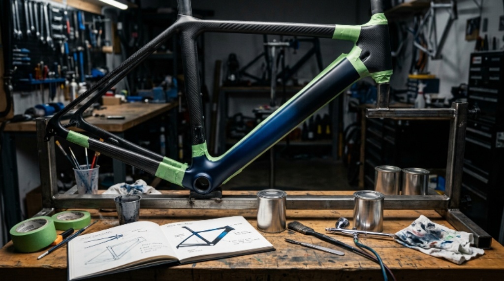 Custom carbon bike frame with a colorful painted design
