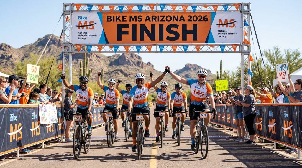 A group of participants crossing the finish line at Bike MS Arizona 2026, cheering and celebrating together